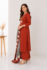 Women's Rust Cotton 3 Piece Kurta Set with Dupatta | Embroidered | Sanganer Kurti Wala