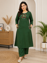 Women's Green Cotton 2 Piece Co-Ord Set | Embroidered Kurta & Pant | Sanganer Kurti Wala