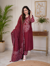 Women's Cotton Bandhani Printed 3 Piece Kurta Set with Dupatta – Maroon | Ishu Creation