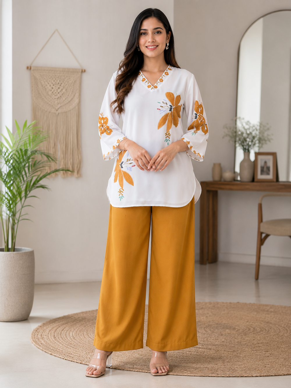 Women's Cotton Mul Floral Printed Co-Ord Set – White & Mustard Yellow | SanganerKurtiWala