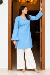 Women’s Light Blue Embroidered Straight Kurti with V-Neck & Full Sleeves | Ishu Creation