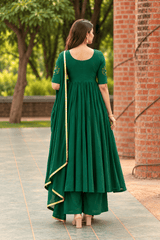 Women’s Green Anarkali Kurta Set with Dupatta | Gold Border & Embroidery | 3 Piece Ethnic Wear | Ishu Creation