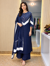 Women's Navy Blue 3 Piece Kurti Pant Dupatta Set with Contrast Yoke Design | Ishu Creation