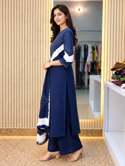 Women's Navy Blue 3 Piece Kurti Pant Dupatta Set with Contrast Yoke Design | Ishu Creation