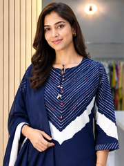 Women's Navy Blue 3 Piece Kurti Pant Dupatta Set with Contrast Yoke Design | Ishu Creation