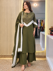 Women's Olive Green 3 Piece Kurti Pant Dupatta Set with Contrast Yoke Design | Ishu Creation