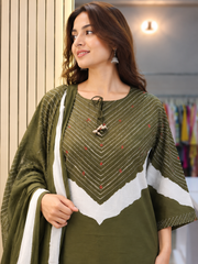 Women's Olive Green 3 Piece Kurti Pant Dupatta Set with Contrast Yoke Design | Ishu Creation
