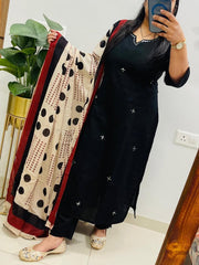 Women’s Black Cotton 3 Piece Kurta Set with Dupatta | Embroidered | Ishu Creation