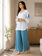 Women's Cotton Mul Floral Printed Co-Ord Set – White & Teal Blue | IshuCreation | Cotton Kurti