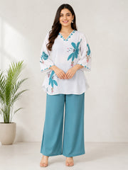 Women's Cotton Mul Floral Printed Co-Ord Set – White & Teal Blue | IshuCreation | Cotton Kurti
