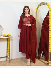 Women's Maroon Cotton 3 Piece Anarkali Kurta Set with Dupatta | Embroidered | Ishu Creation