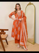 Women's Cotton Floral Printed 3 Piece Kurta Set with Dupatta – Rust Orange | IshuCreationKurti | Cotton Kurti