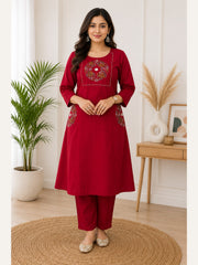 Women's Cotton Embroidered 2 Piece Kurta Set – Maroon | IshuCreationKurti | Cotton Kurti