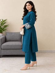 Women Teal Blue Solid Kurta Pant Set with Printed Sleeves | Stylish Ethnic Wear