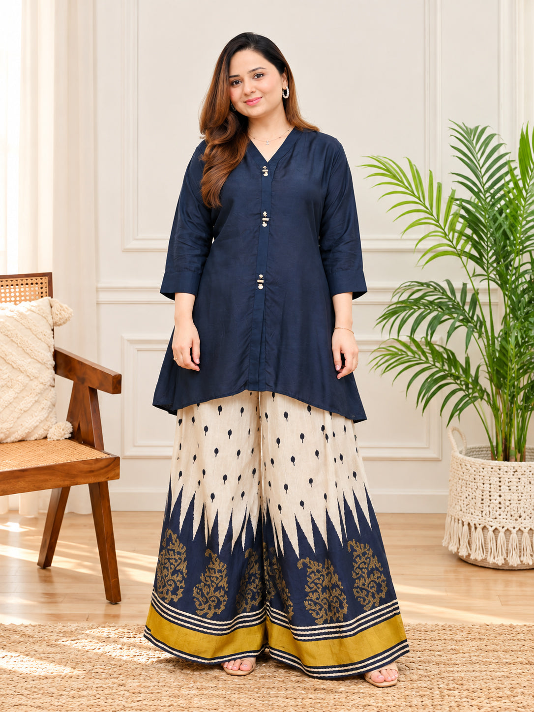 Women’s Navy Blue Printed Kurta with Flared Printed Bottom  |  Ishu Creation