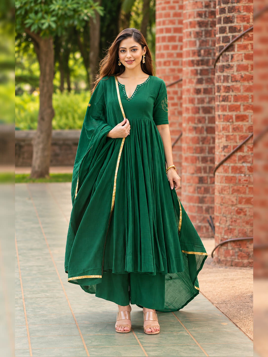 Women’s Green Anarkali Kurta Set with Dupatta | Gold Border & Embroidery | 3 Piece Ethnic Wear  |  Ishu Creation