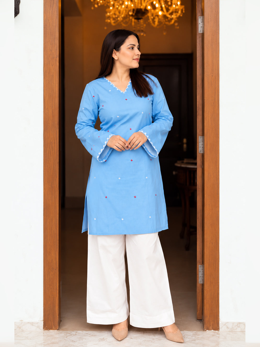 Women’s Light Blue Embroidered Straight Kurti with V-Neck & Full Sleeves  |  Ishu Creation
