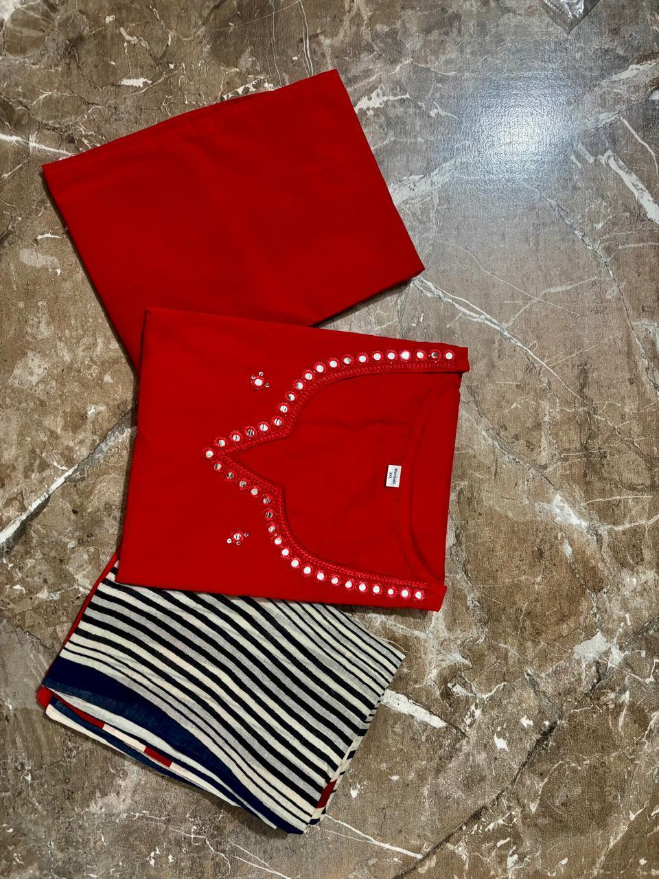 Women’s Red Cotton 3 Piece Kurta Set with Dupatta | Embroidered | Ishu Creation