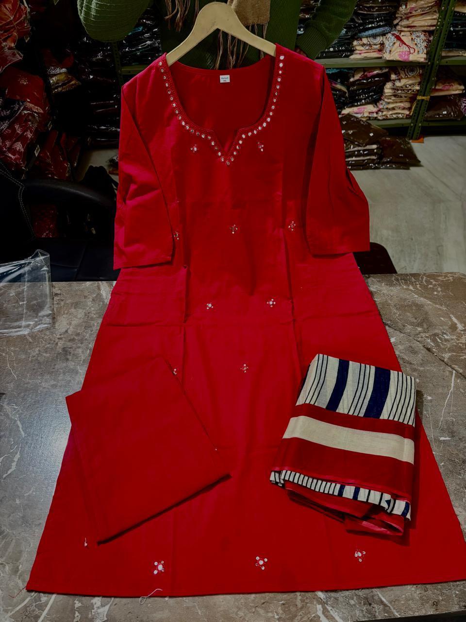 Women’s Red Cotton 3 Piece Kurta Set with Dupatta | Embroidered | Ishu Creation