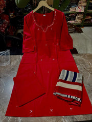 Women’s Red Cotton 3 Piece Kurta Set with Dupatta | Embroidered | Ishu Creation