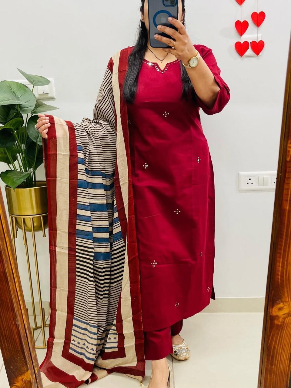 Women’s Red Cotton 3 Piece Kurta Set with Dupatta | Embroidered | Ishu Creation