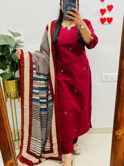 Women’s Red Cotton 3 Piece Kurta Set with Dupatta | Embroidered | Ishu Creation