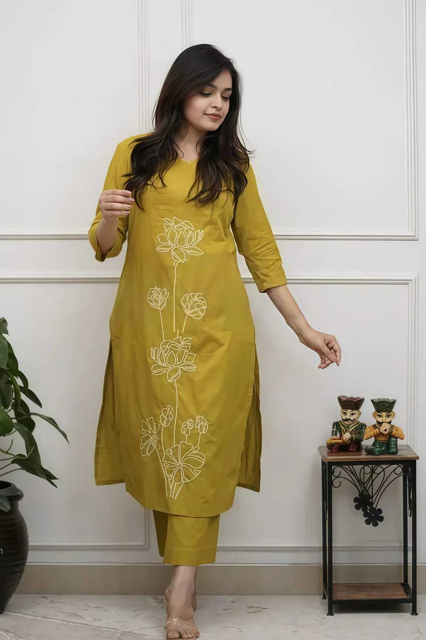 Women's Mustard Cotton 2 Piece Kurta Pant Set | Floral Embroidered | Sanganer Kurti Wala