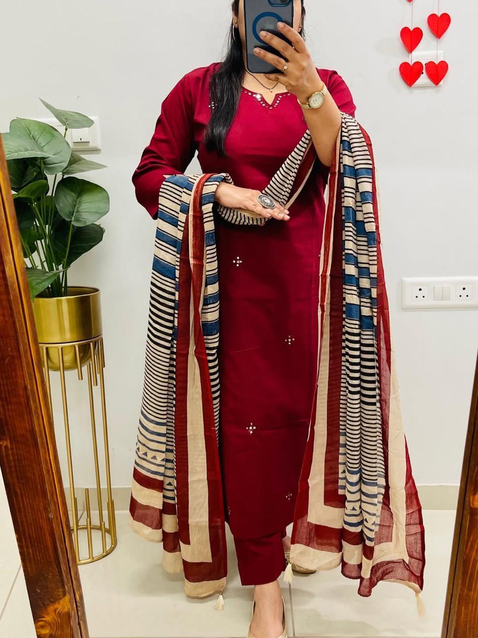 Women’s Red Cotton 3 Piece Kurta Set with Dupatta | Embroidered | Ishu Creation
