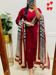 Women’s Red Cotton 3 Piece Kurta Set with Dupatta | Embroidered | Ishu Creation