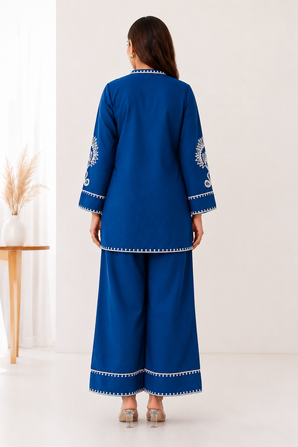 Women's Blue Cotton 2 Piece Co-Ord Set | Embroidered Kurta & Palazzo | Sanganer Kurti Wala