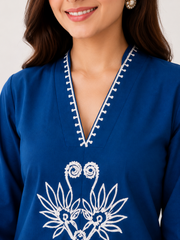 Women's Blue Cotton 2 Piece Co-Ord Set | Embroidered Kurta & Palazzo | Sanganer Kurti Wala