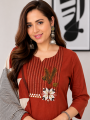 Women's Rust Cotton 3 Piece Kurta Set with Dupatta | Embroidered | Sanganer Kurti Wala