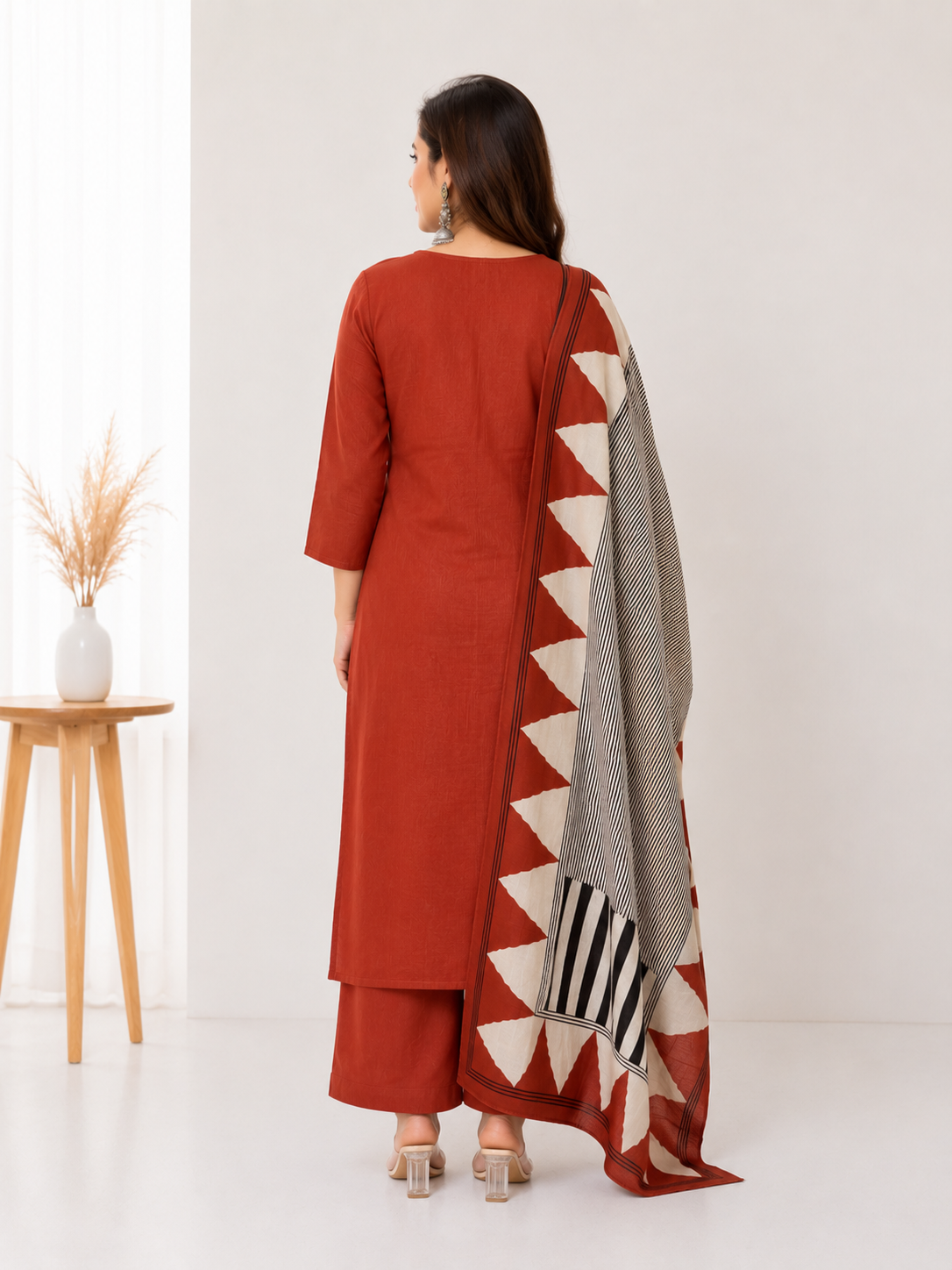 Women's Rust Cotton 3 Piece Kurta Set with Dupatta | Embroidered | Sanganer Kurti Wala