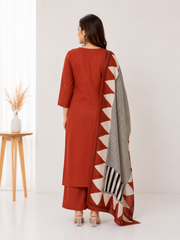 Women's Rust Cotton 3 Piece Kurta Set with Dupatta | Embroidered | Sanganer Kurti Wala