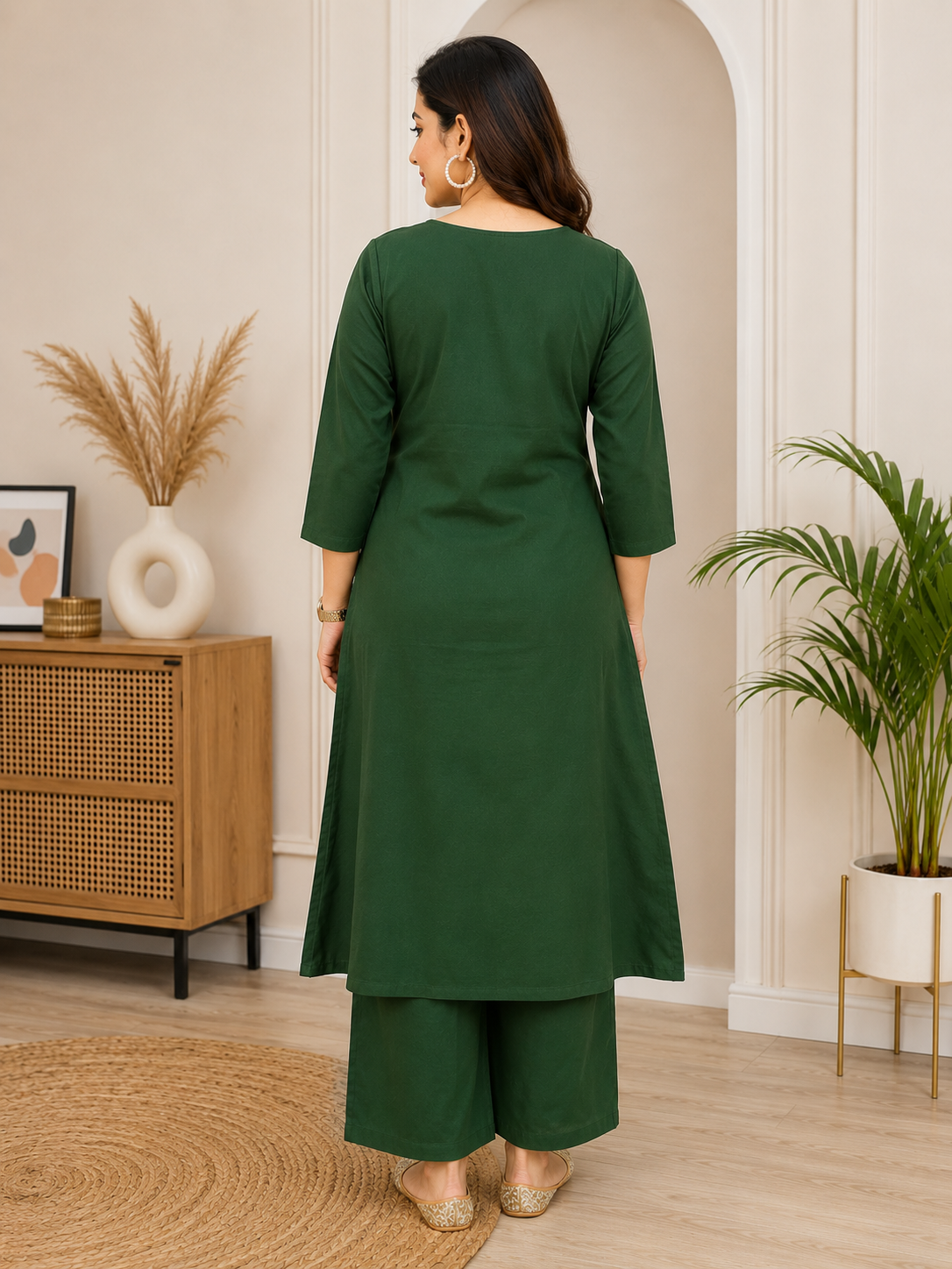 Women's Green Cotton 2 Piece Co-Ord Set | Embroidered Kurta & Pant | Sanganer Kurti Wala