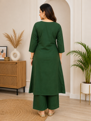 Women's Green Cotton 2 Piece Co-Ord Set | Embroidered Kurta & Pant | Sanganer Kurti Wala