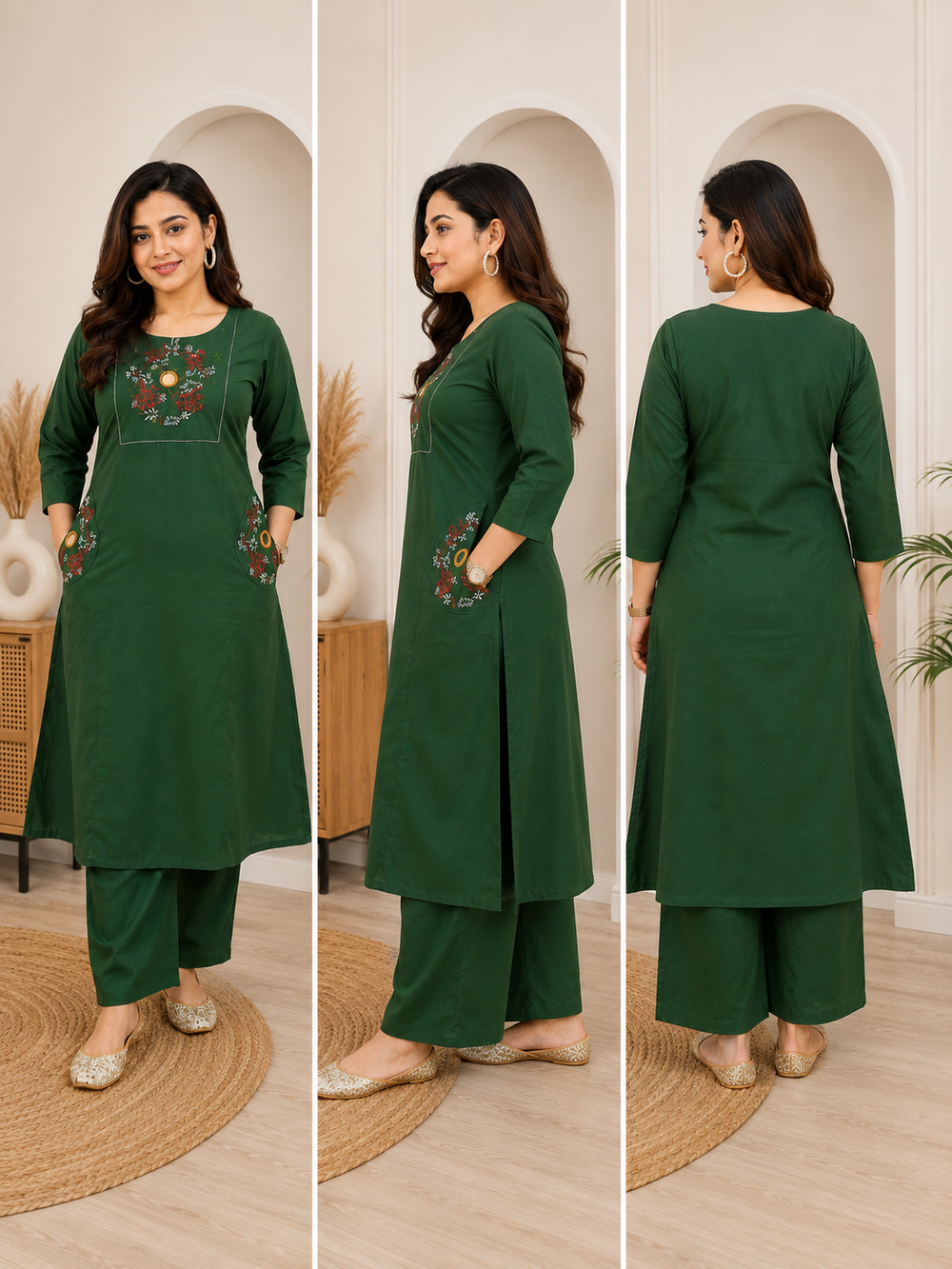 Women's Green Cotton 2 Piece Co-Ord Set | Embroidered Kurta & Pant | Sanganer Kurti Wala