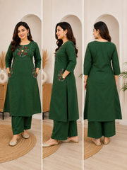 Women's Green Cotton 2 Piece Co-Ord Set | Embroidered Kurta & Pant | Sanganer Kurti Wala