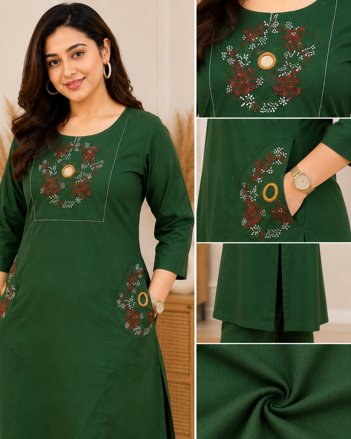 Women's Green Cotton 2 Piece Co-Ord Set | Embroidered Kurta & Pant | Sanganer Kurti Wala