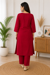 Women's Cotton Embroidered 2 Piece Kurta Set – Maroon | SanganerKurtiWala