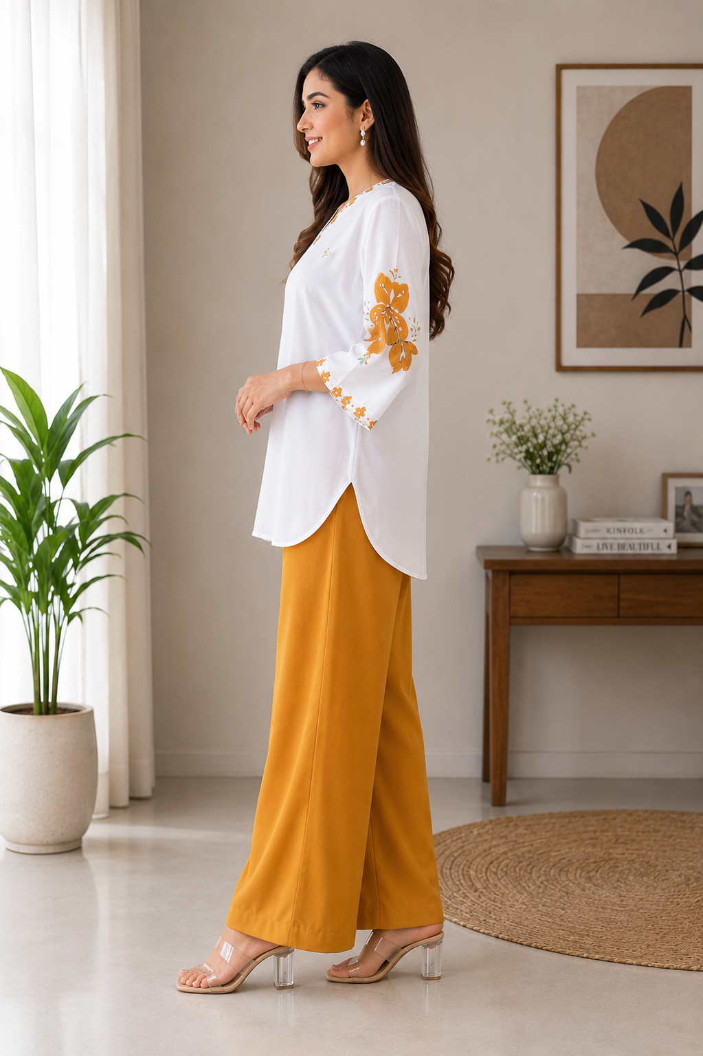 Women's Cotton Mul Floral Printed Co-Ord Set – White & Mustard Yellow | SanganerKurtiWala