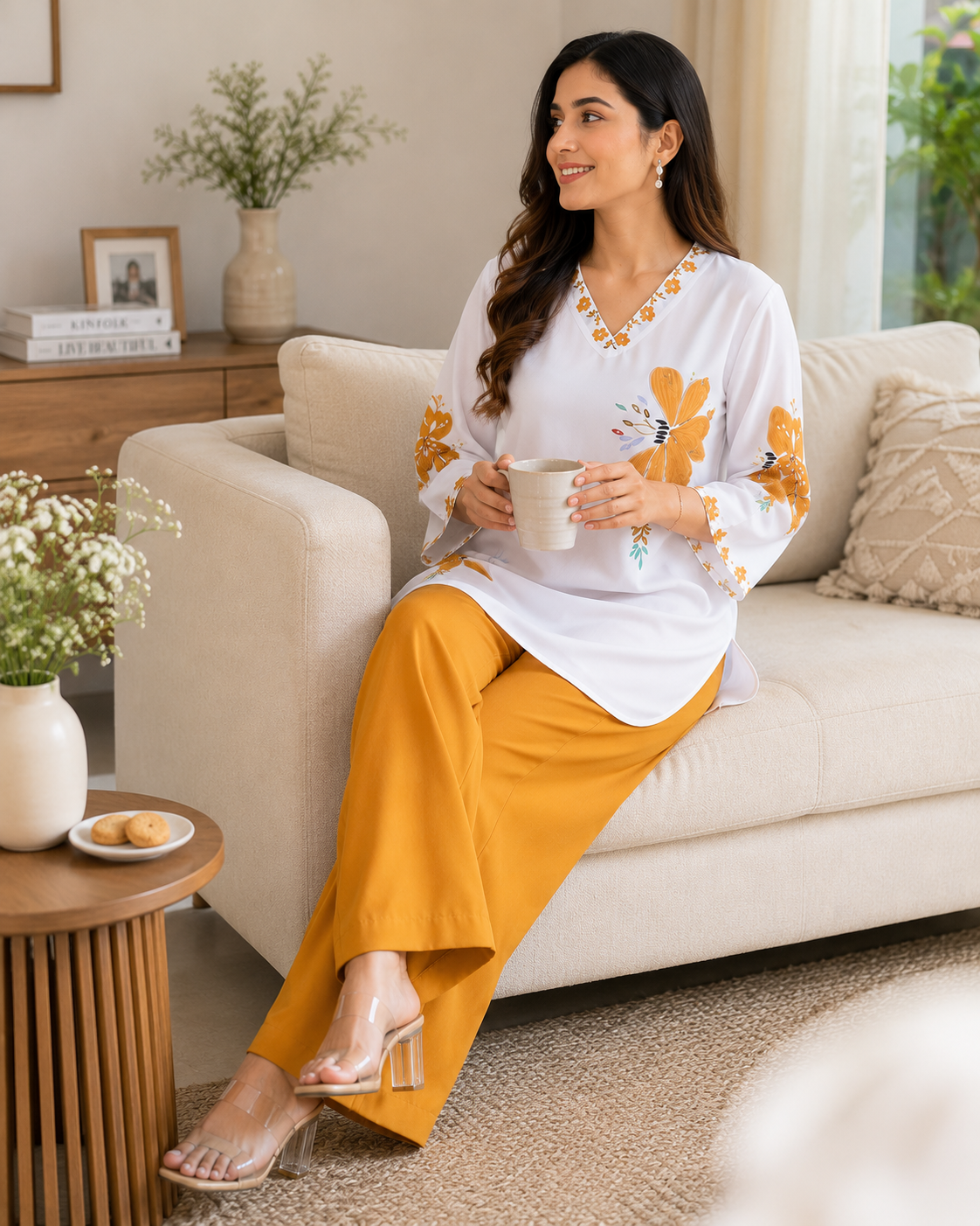 Women's Cotton Mul Floral Printed Co-Ord Set – White & Mustard Yellow | SanganerKurtiWala