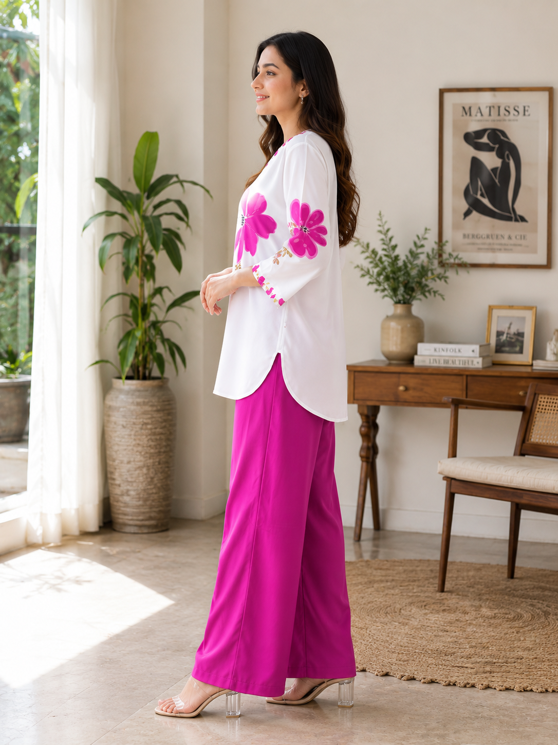 Women's Cotton Mul Floral Printed Co-Ord Set – White & Fuchsia Pink | SanganerKurtiWala