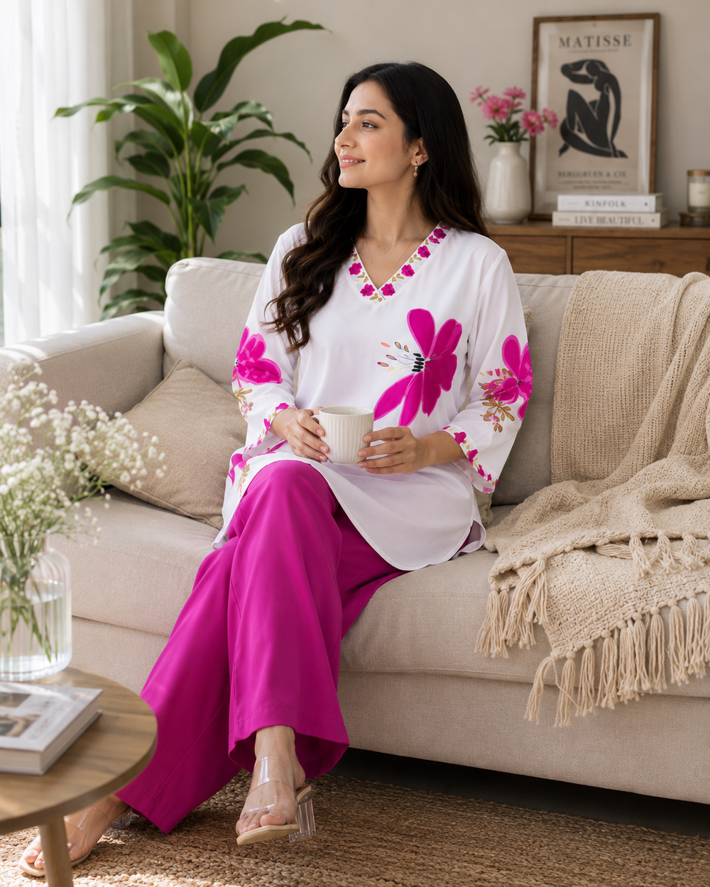 Women's Cotton Mul Floral Printed Co-Ord Set – White & Fuchsia Pink | SanganerKurtiWala