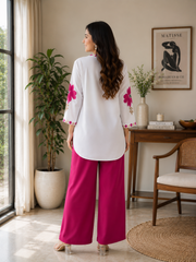 Women's Cotton Mul Floral Printed Co-Ord Set – White Top with Pink Palazzo | SanganerKurtiWala