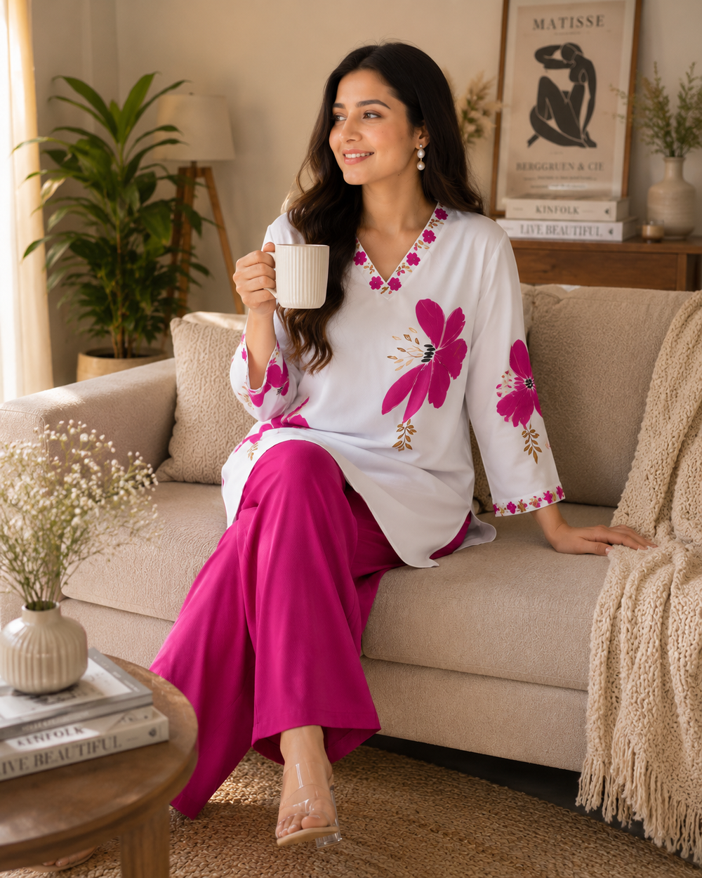 Women's Cotton Mul Floral Printed Co-Ord Set – White Top with Pink Palazzo | SanganerKurtiWala