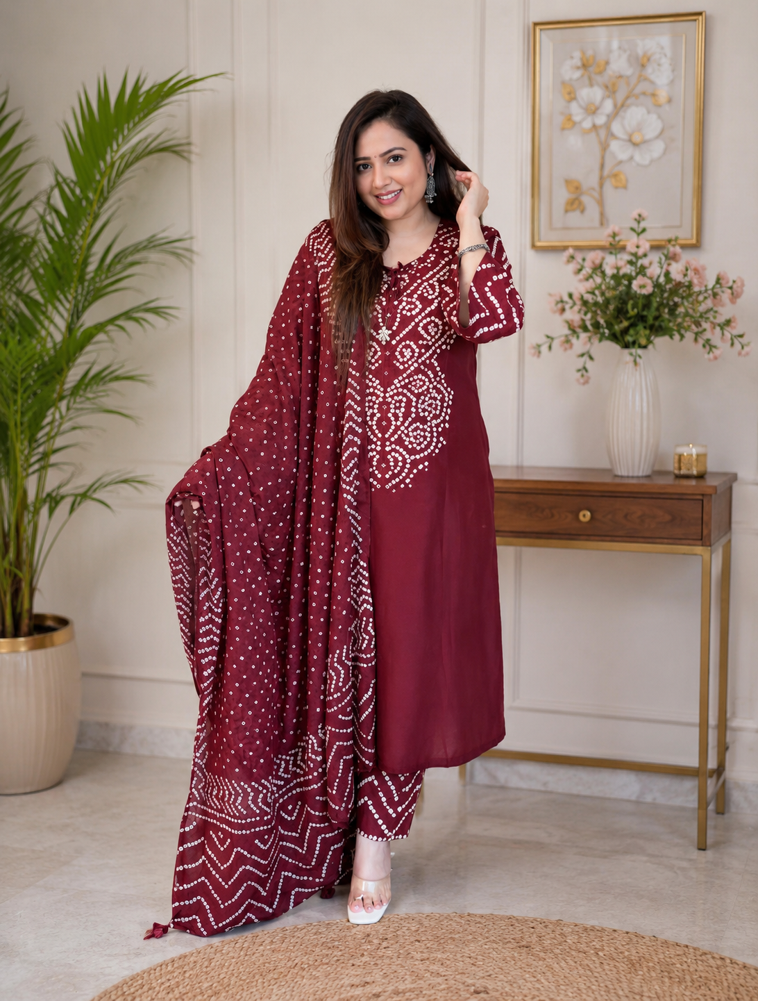 Women's Cotton Bandhani Printed 3 Piece Kurta Set with Dupatta – Maroon | Ishu Creation