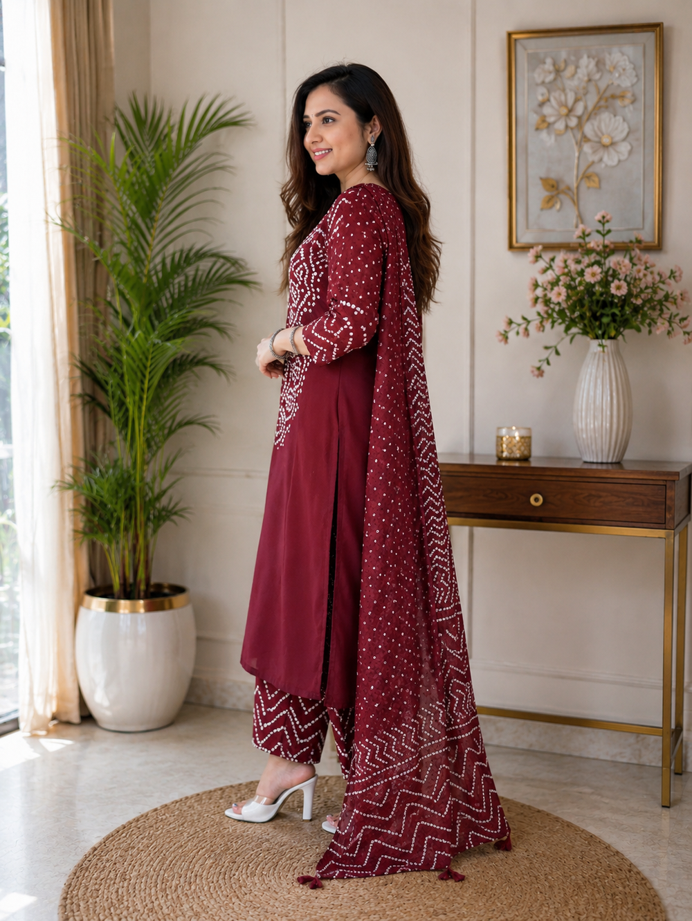 Women's Cotton Bandhani Printed 3 Piece Kurta Set with Dupatta – Maroon | SanganerKurtiWala