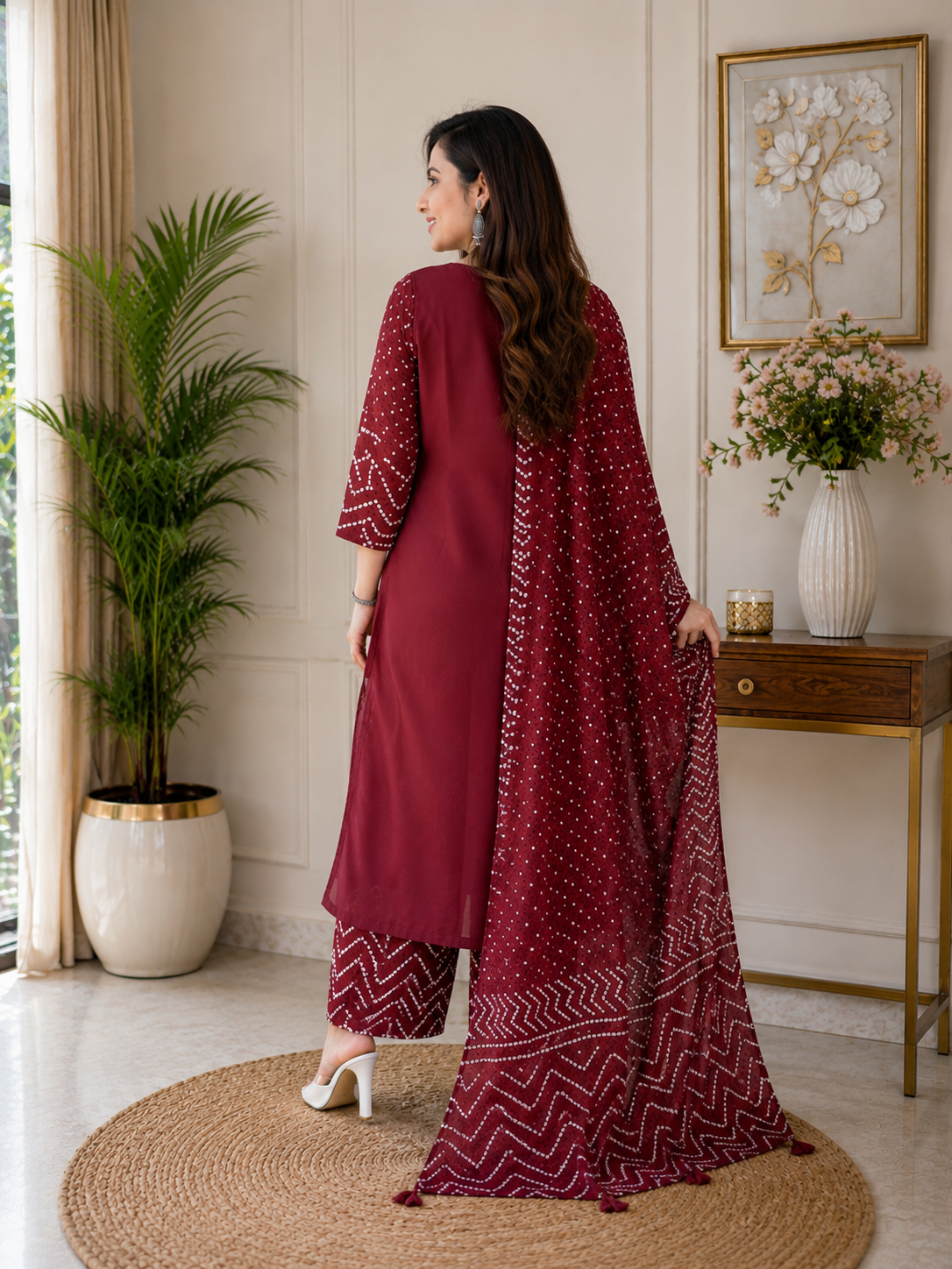 Women's Cotton Bandhani Printed 3 Piece Kurta Set with Dupatta – Maroon | SanganerKurtiWala