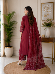 Women's Cotton Bandhani Printed 3 Piece Kurta Set with Dupatta – Maroon | SanganerKurtiWala